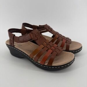 Clarks Collection Brown Wedge Sandals Hook Loop Comfort Womens 7.5